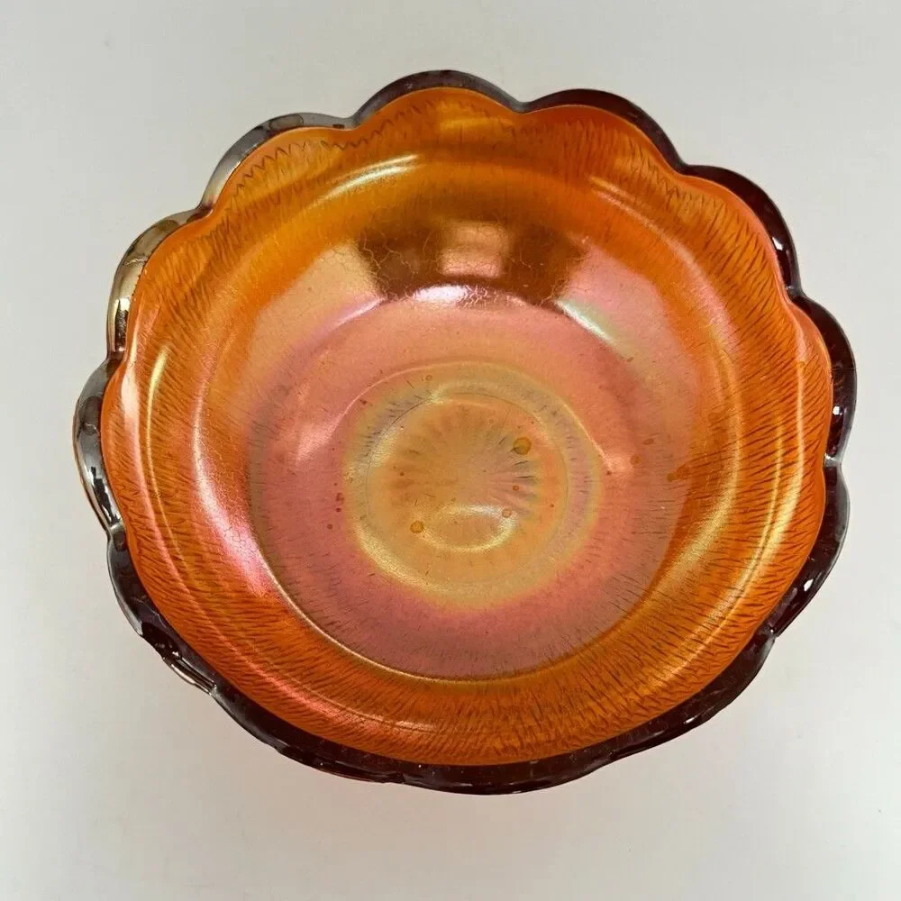 Vintage Jeanette Iridescent Orange Marigold Carnival Glass Scalloped Bowl